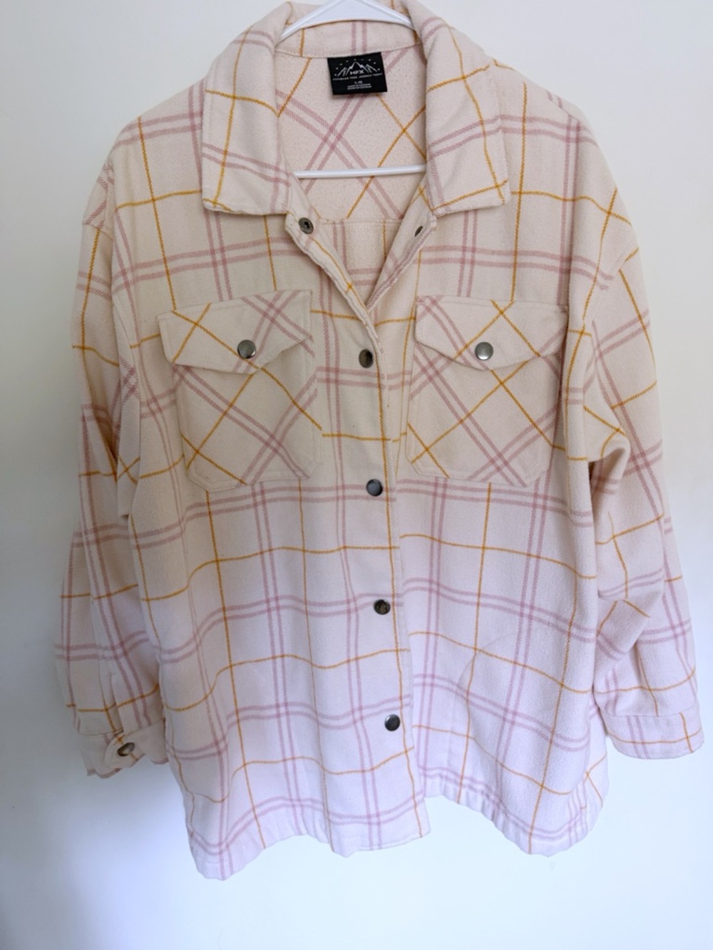 HFX Plaid Shacket Womens Large Pink Cream Snap Front Shirt Jacket Cozy Oversized